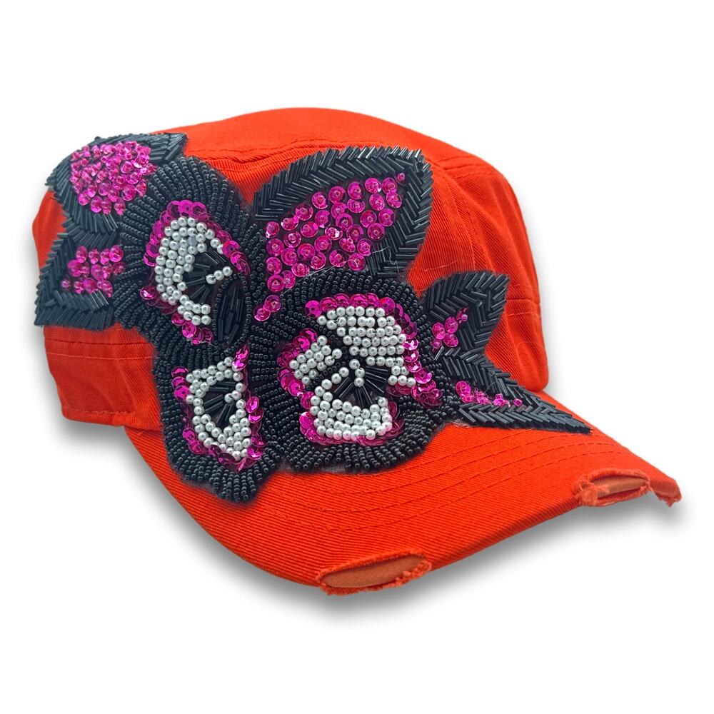 Orange Army Cadet Hat Flower Beaded Sequins Round Top Distressed BDU Castro Cap